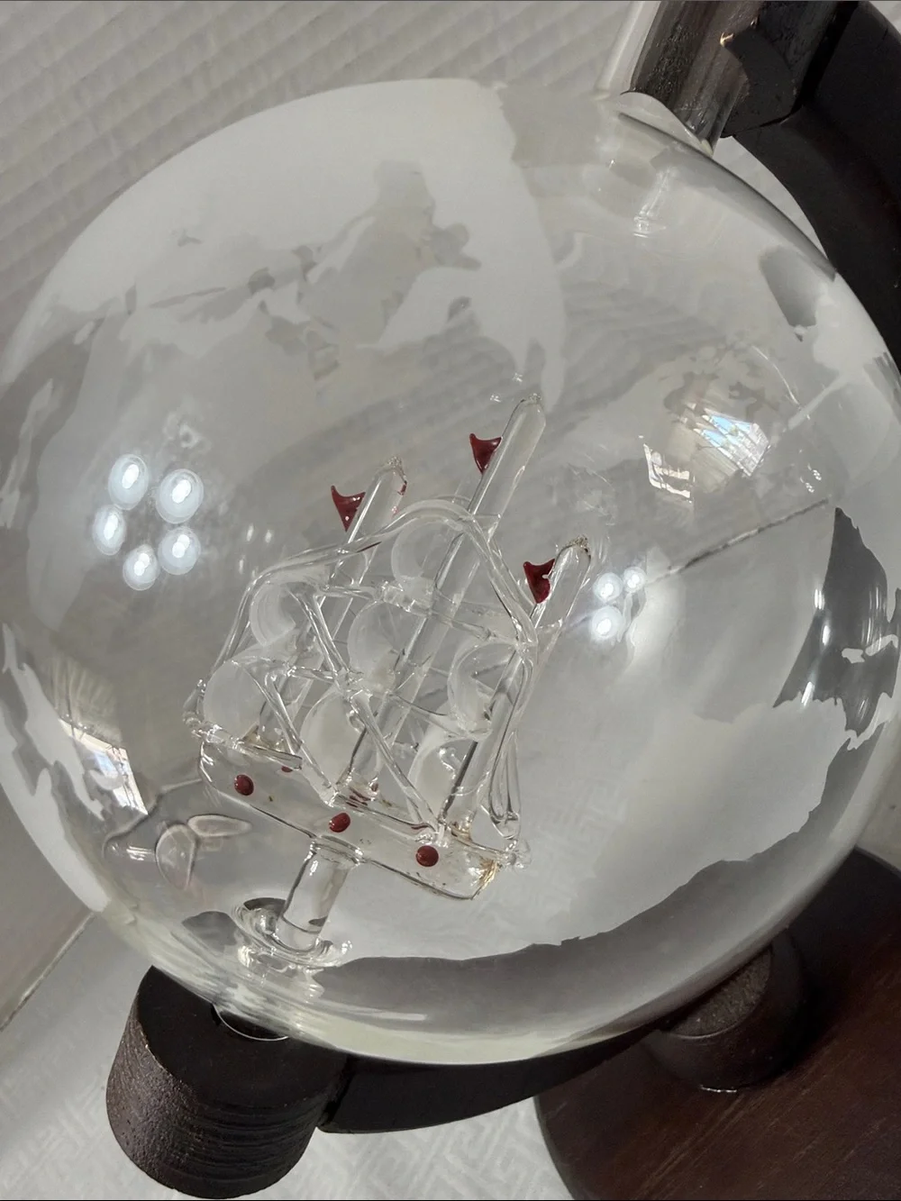 BarMe Etched Class World Globe Liquor Decanter Wood Stand & Glass Ship Inside